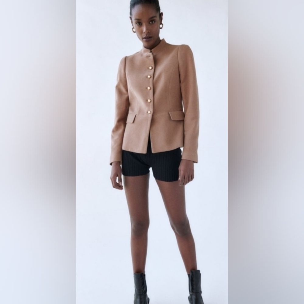 Zara ,camel color,wool blazer with bronze color buttons - Picture 2 of 7